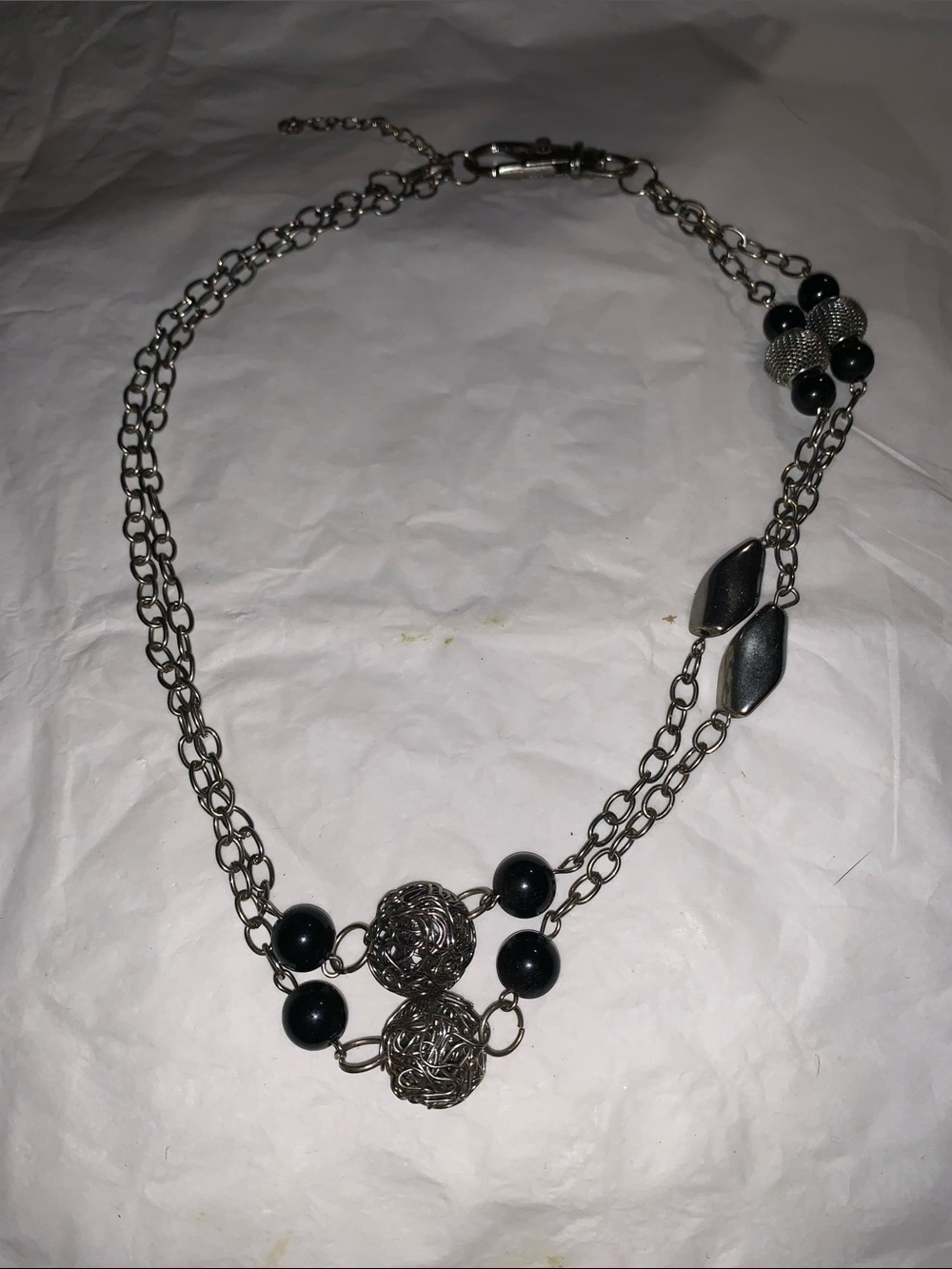 Double-Chain Silver Necklace with Black Bead Accents